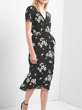 Gap Black Floral Wrap Dress